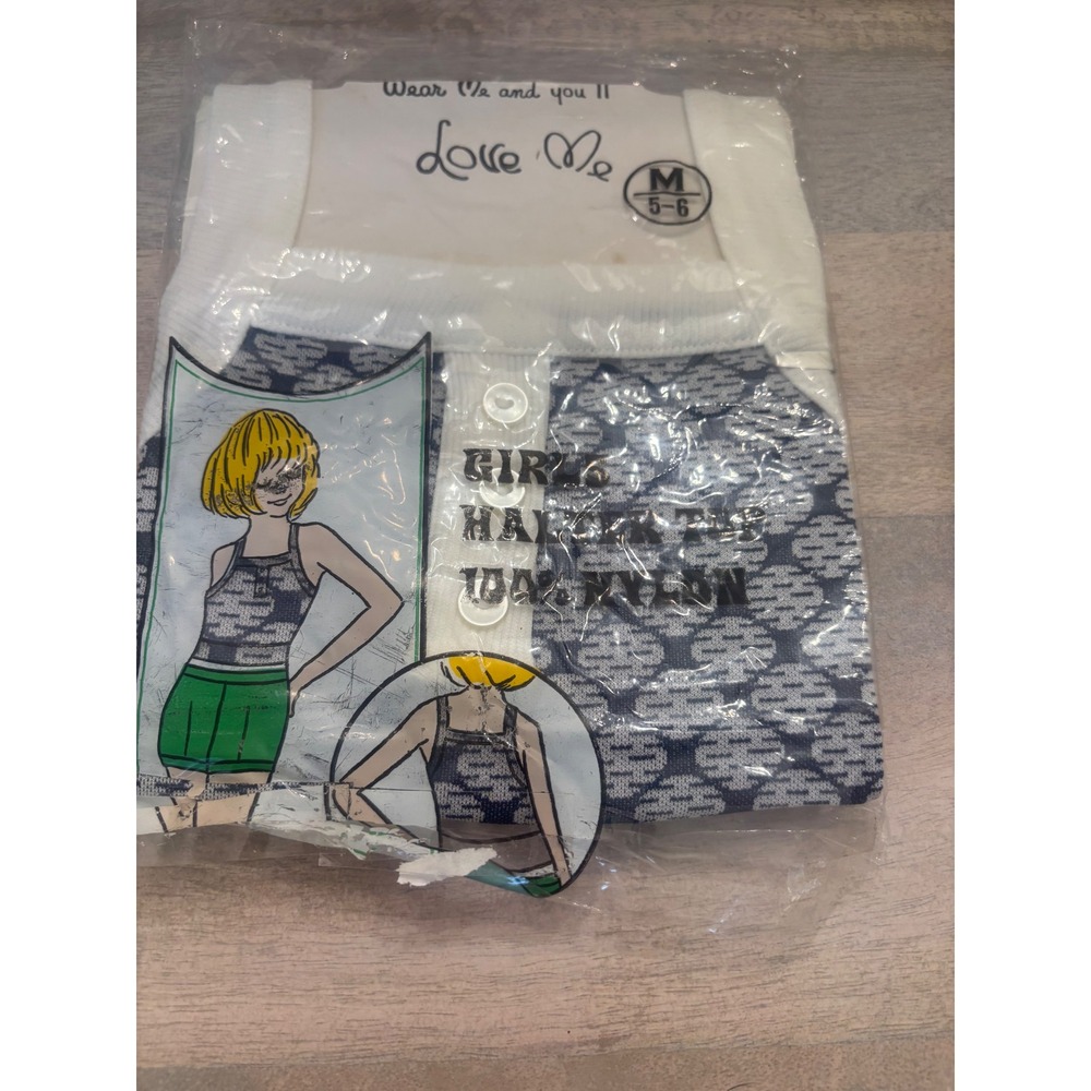 Vintage Love Me Girls Halter Top Navy White Geometric 100% Nylon Size M 5-6 NOS